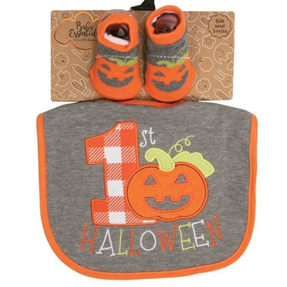 Baby Essentials Boys Girls 1st Halloween Bib & Socks Set Pumpkins Feeding NWT